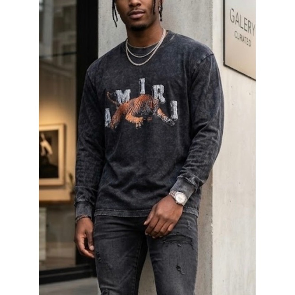 Amiri Mens Tiger Print Acid Wash Long Sleeve T-Shirt Black Grey Medium RARE
